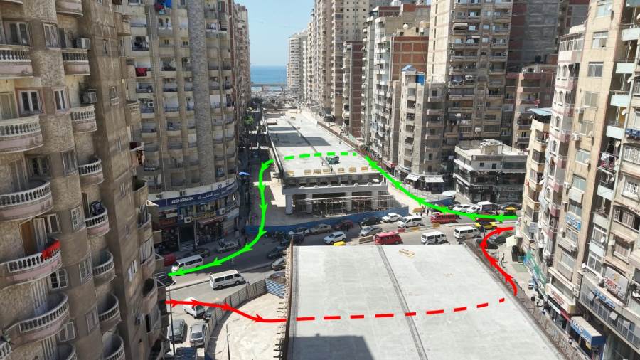 غلق جزئي بشارع جمال عبد الناصر وتحويلات مرورية مؤقتة لاستكمال أعمال كوبري محمد نجيب بالإسكندرية